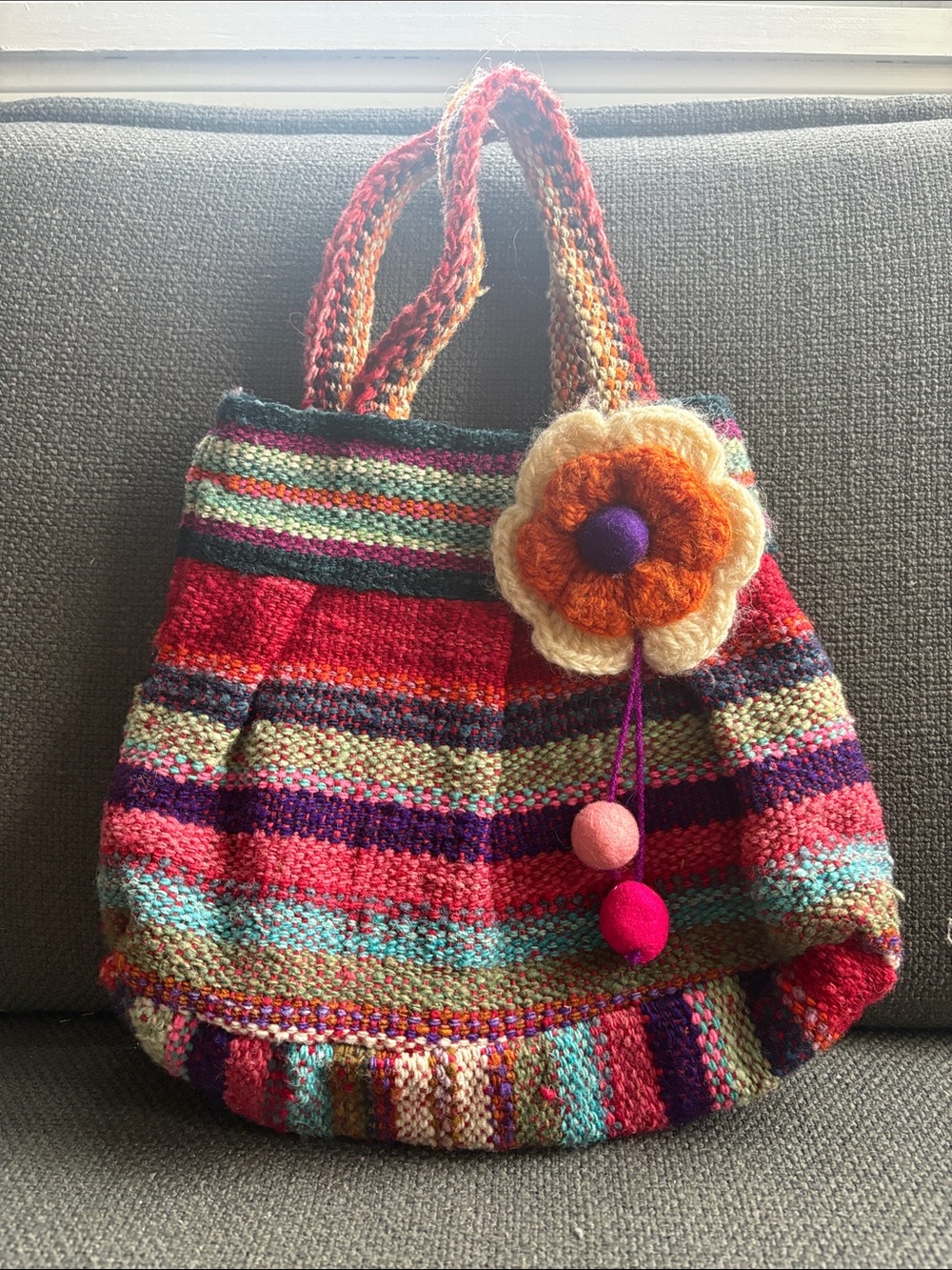 Handcrafted Multicolor Knit Tote Bag with Flower Accent